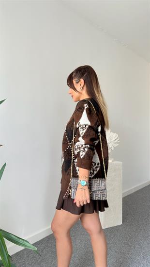 Kahve Paro Taş Detaylı Baklava Desen Hırka