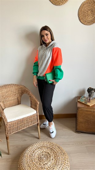 Renk Bloklu Gri Sweatshirt