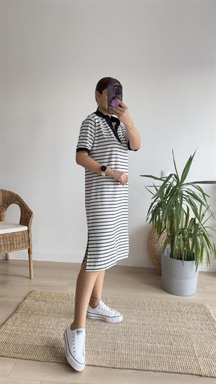Çizgili Polo Yaka Basic Elbise