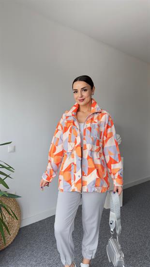 Geometrik Desen Turuncu Yağmurluk