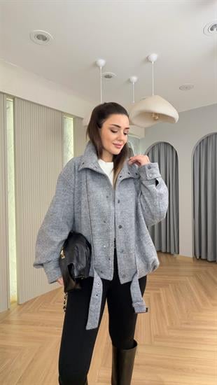 Gri Pile Detaylı Kaşe Mont