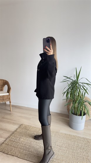 Dik Yaka İpli Siyah Sweat