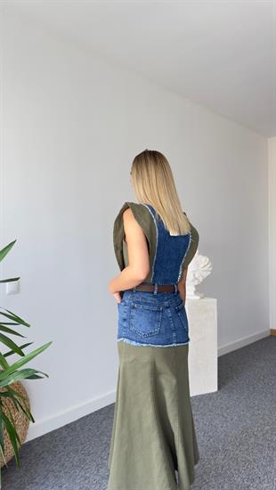 Haki Geçişli Tasarım Denim Elbise 