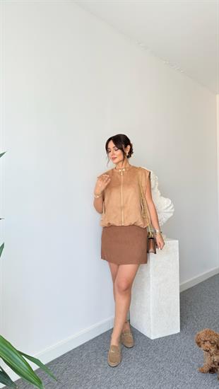 Lejka Dikiş Detaylı Camel Süet Yelek