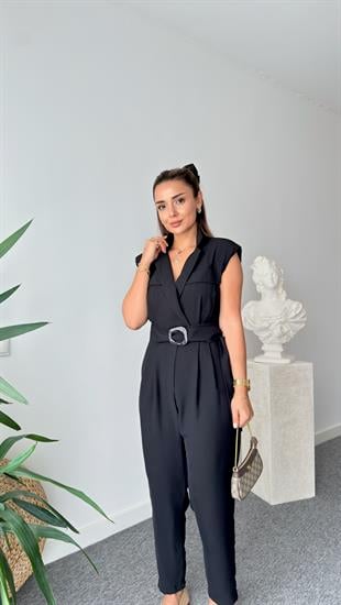 Siyah Volze Kemerli Kruvaze Tulum