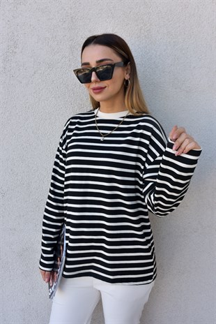 Çizgili Siyah Basic Sweat	