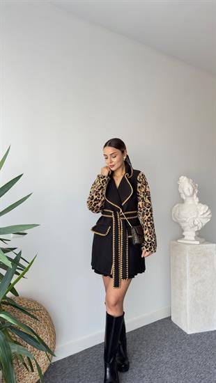 Kollar Leopar Kuşaklı Siyah Kaban