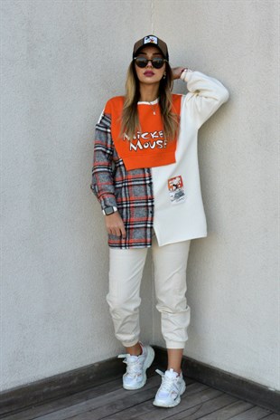 Ekose Detaylı Mickey Mouse Ekru Sweat