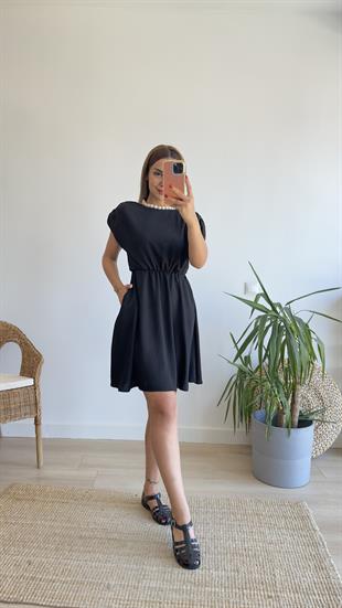 Coy Bel Büzgülü Siyah Basic Elbise 