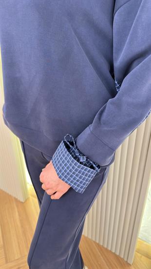 Lacivert Kolları Büzgü Ekose Detay Modal Takım