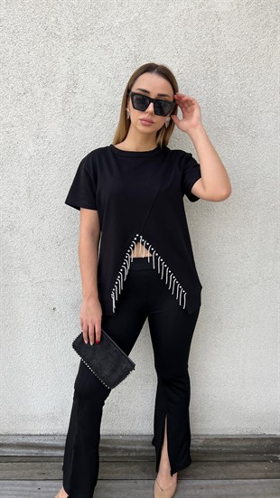 Taş Detaylı Siyah Tasarım Tshirt