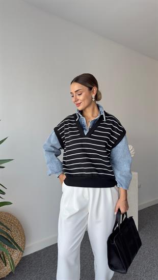 Helina Kot Detaylı Çizgili Siyah Sweatshirt