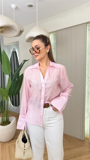 Pembe Vual Dantelli Gömlek