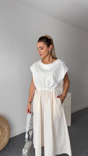 Cros Tws Model Bel Büzgülü Bej Elbise 