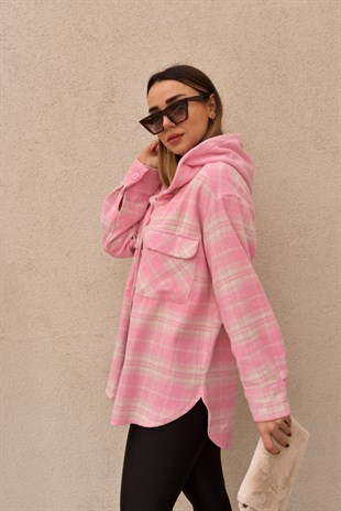 Kapüşonlu Ekose Desen Pembe Ceket 