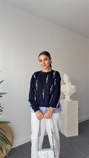 İnci Detaylı Sırt Poplin Lacivert Modal Sweat