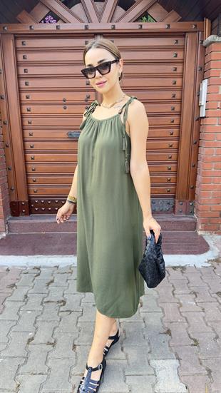 Ahşap Boncuk Detay Askılı Haki Elbise