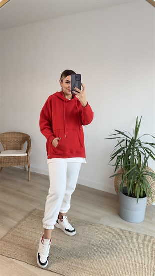 Yanları Çıtçıtlı Kırmızı Basic Sweat