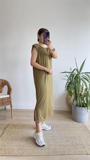Haki Modal Kumaş Yırtmaçlı Basic Elbise