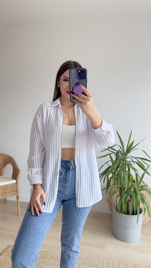 Fermuarlı Şerit Detay Beyaz Ceket