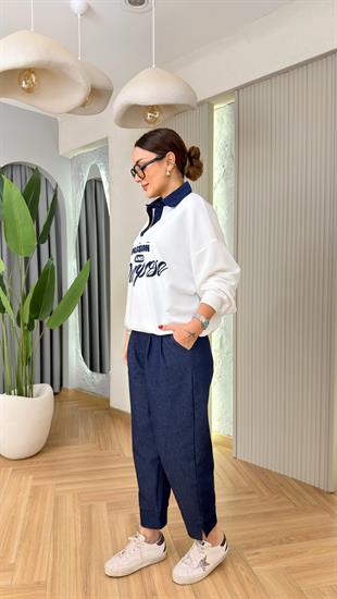 Lacivert Yazı Detaylı Polo Yaka Sweatshirt