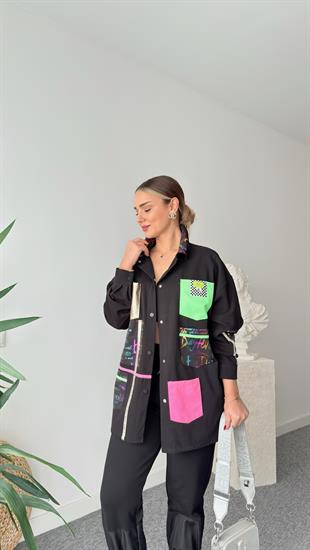 Siyah Marica Renkli Yazı Detaylı Ceket