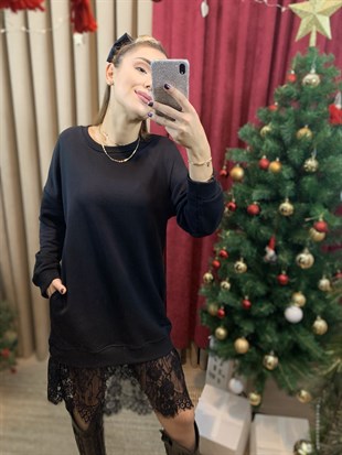 Etek Ucu Dantelli Sweat Elbise