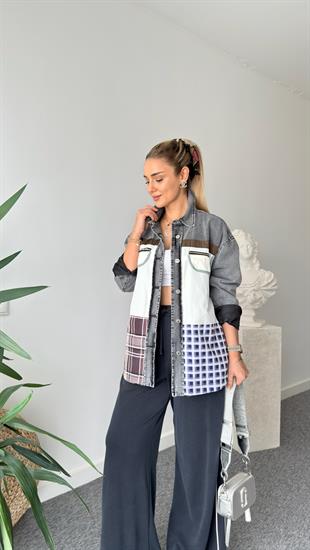 Siyah Ekose Mix Tasarım Denim Ceket