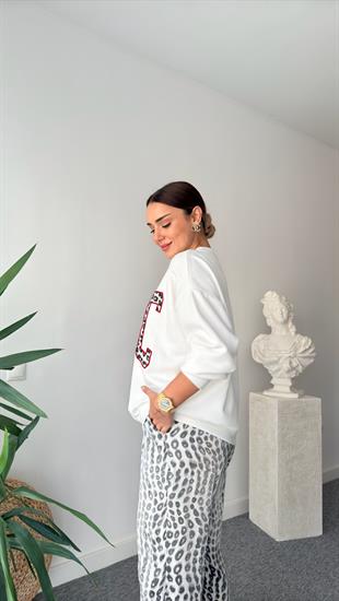 Chıc Leopar Yazılı Beyaz Sweatshirt