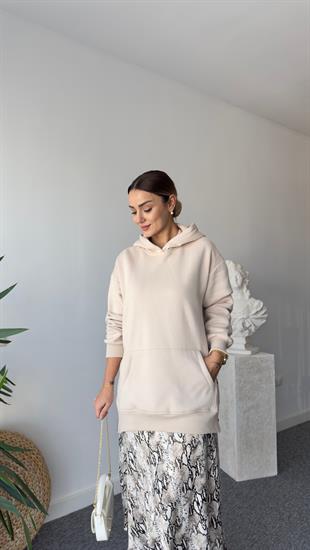 Fendy Yanlar Fermuarlı Salaş Bej Sweatshirt