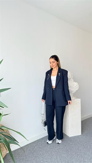 Lacivert Yaka Yıldız Aksesuarlı Ceket Pantolon Takım