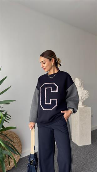 Rica C Nakışlı Lacivert Sweatshirt