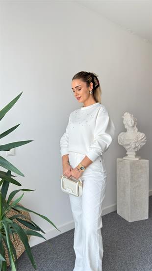 Beyaz Ravev Aksesuarlı Scuba Sweat