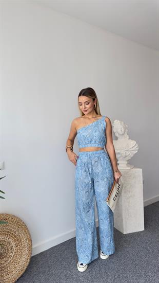 Mavi Şal Desen Tek Omuz Bluz