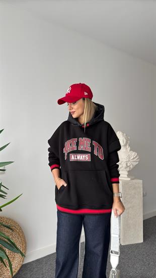 Eddy Yazılı Kapitone Kapüşonlu Siyah Sweatshirt