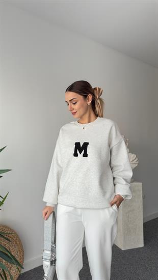 M Nakışlı Sırt Baskılı Gri Sweatshirt