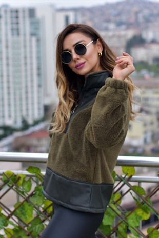 Yarım Fermuarlı Deri Detaylı Peluş Sweat
