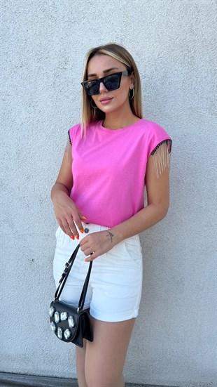 Kolu Zincir Detaylı Vatkalı Pembe Tshirt