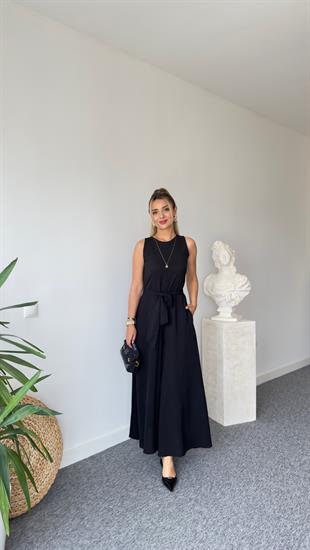 Carta Kuşaklı Siyah Bol Paça Tulum