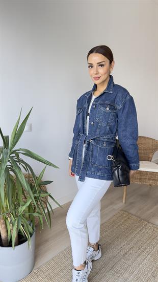 Kuşaklı Lacivert Jean Ceket