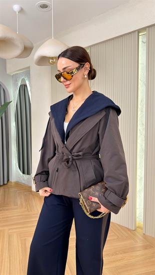 Kahve Çıkartılabilir Kapüşonlu Trenç Pantolon Takım