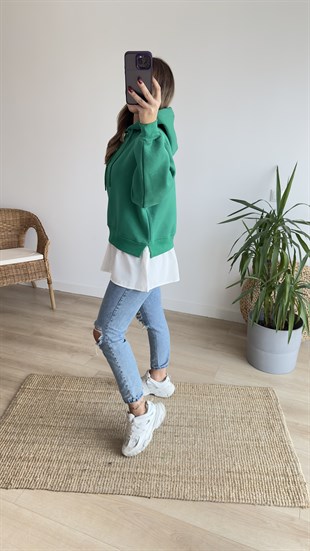 Gömlek Detaylı Yeşil Kapüşonlu Sweat