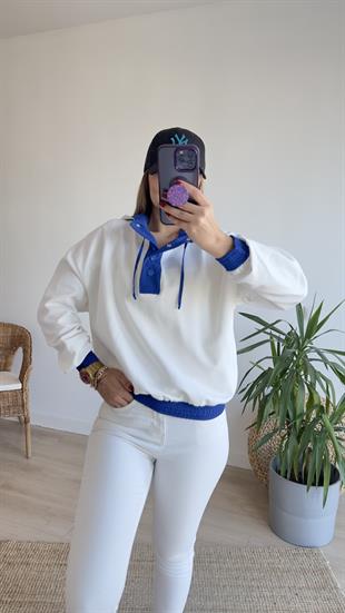 Kapüşonlu Mavi Detay Sweatshirt