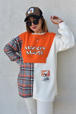 Ekose Detaylı Mickey Mouse Ekru Sweat
