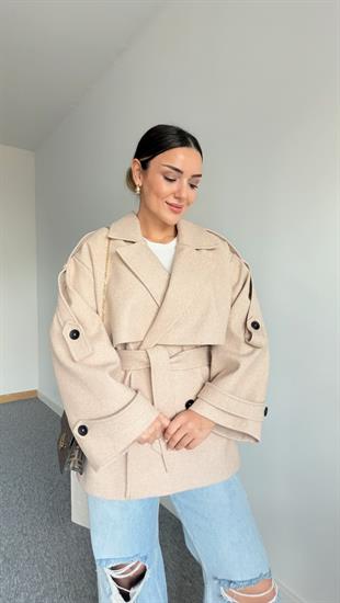 Bej Laufen Kuşaklı Kaşe Kaban