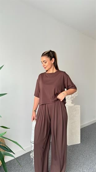 Kahve Gablit Pile Detaylı İkili Takım