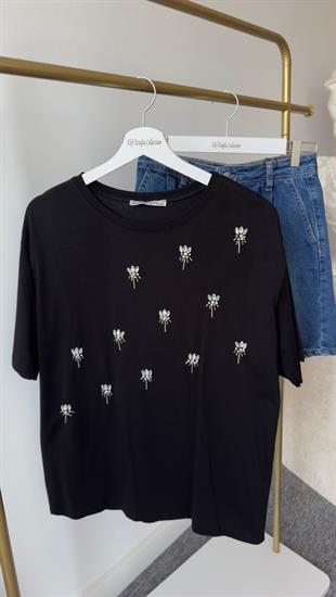 Roso Taş Detaylı Siyah Tshirt