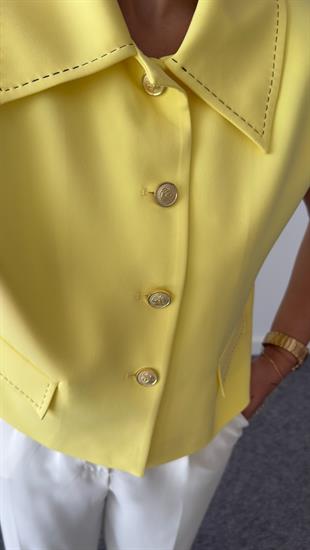 Sarı Gold Düğmeli Dikiş Detaylı Yelek