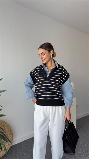 Helina Kot Detaylı Çizgili Siyah Sweatshirt