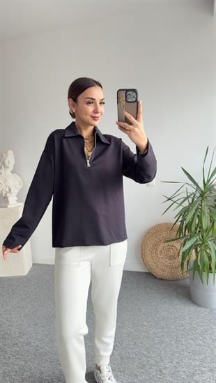 Polo Yaka Yarım Fermuarlı Laci Sweat